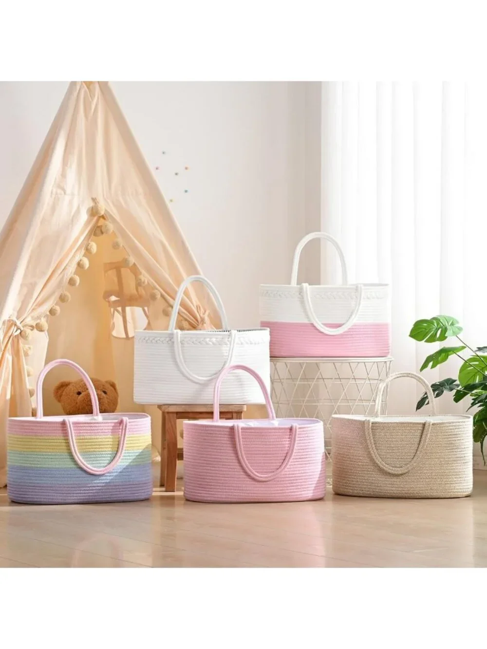 Stylish Baby Diaper Caddy Organizer - Cotton Rope Storage Basket for Nursery